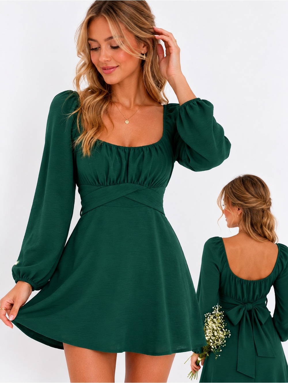 Altar’d State Green Long Sleeve Mini Dress Small Tie Back Lined Cottagecore